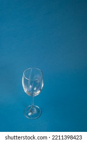 Top View Of Empty Glasses With A Blue Background, Wine Glasses, Dinner And Party Concept.