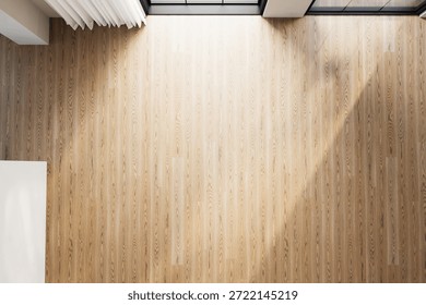 Top view of an empty interior with chevron wood flooring, soft lighting, and minimal decor. Ideal for backgrounds, mockups, or interior design presentations. 3D render.