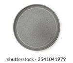 Top view of empty modern trendy grey ceramic plate isolated on white background with clipping path. Flat lay of gray round tray plate mockup for food design composition.