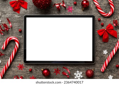 Top view of empty on Christmas background made of new year decorand festive decorations. New year holiday concept. Mockup. - Shutterstock ID 2364740017