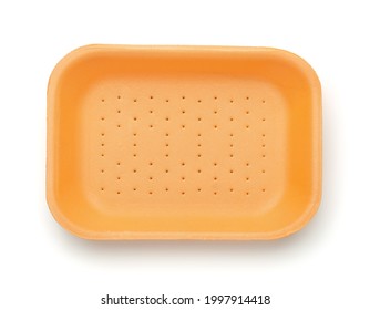 Top View Of Empty Orange Styrofoam Food Container Isolated On White