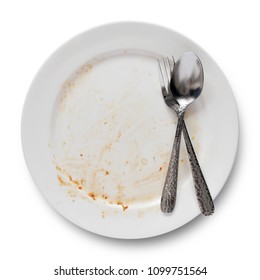 Top View Of Empty Plate, Dirty After The Meal Is Finished Isolate With Clipping Path And, Sauce Smeared On A Plate.