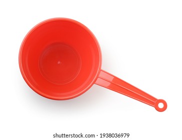 Top View Of Empty Red Plastic Water Ladle Isolated On White