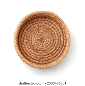 Top view of empty round cane wicker tray isolated on white