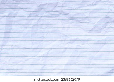 Top view empty rumpled lined paper with wrinkled. Notebook lined paper background and texture.