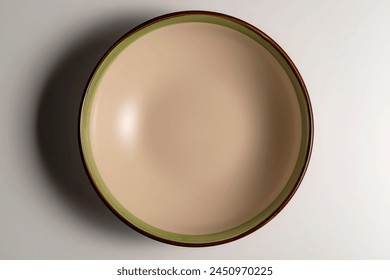 Top view of Empty rustic soup plate bowl with colored edge isolated on white background
