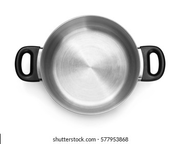 Top View Of Empty Steel Cooking Pot  Isolated On White