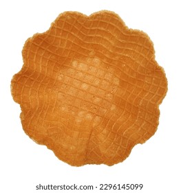 Top view of empty waffle cone bowl isolated on white background. Wavy or flower shape. Edible wafer cup for dessert, tasty, crunchy and crispy.