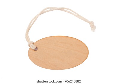 Top View Of Empty Wooden Seal Swing Tag With Fiber Thread And Copyspace Isolated On White Background