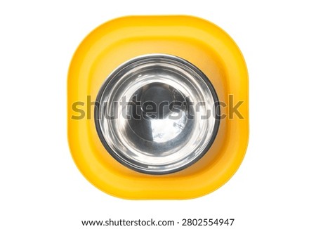 Top view of empty yellow water moat anti ant small dog and cat food bowl isolated on white background with clipping path.