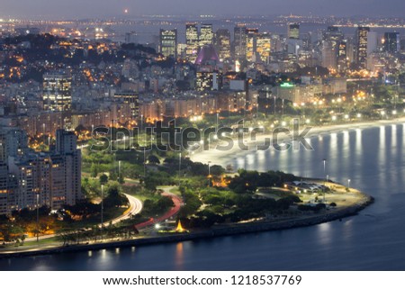 Top view of Enseada de Botafogo and Flamengo Beach, Rio de Janeiro, Brazil. Night picture com purple tones. 2017