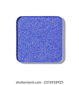 Top view eye shadow glitter blue swatch, object isolated on white background with shadow, sparkling eyeshadow, shiny colored powder for festive makeup, square shape metal pack, beauty cosmetic texture