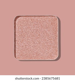 Top view eye shadow glitter beige pink swatch with shadow, monochrome minimal style photo, sparkling eyeshadow, pastel color shiny powder for festive makeup, square shape metal pack, beauty cosmetics