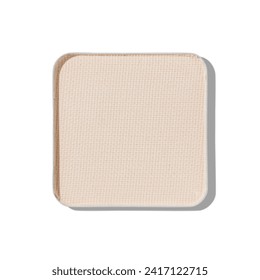 Top view eye shadow light beige swatch, object isolated on white background with shadow, sparkling eyeshadow, colored matte powder for festive makeup, square shape metal pack, beauty cosmetics textur