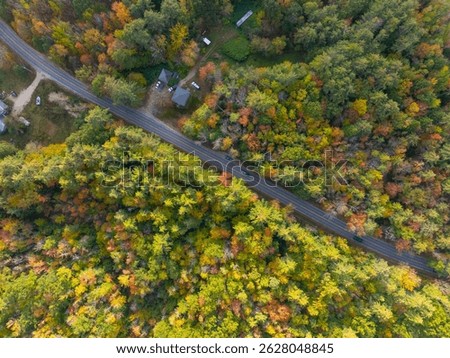 Top view of fall foliage forest in Tuftonboro historic town center, New Hampshire NH, USA.