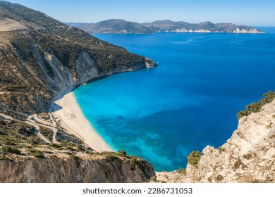 Top view of the famous Myrtos beach on Kefalonia island, Ionian sea, Greece. Myrtos beach with turquoise sea water on Cephalonia Greek island
