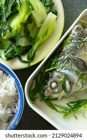 Top View Fast Food Of Steamed Fish And Vegetable And Rice At Vertical Composition