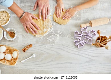 Top View Of Father And Daughter Hands Preparing Dough, Family Cooking At Home, Fatherhood And Family Weekend Concept.
