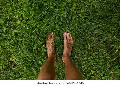 Top view, feet on green grass for background.with copy space. male legs on the green grass. a man stands barefoot on the green grass. vacation