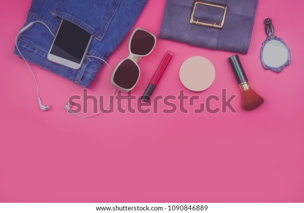Top View Female Bag Essentials Everyday Stock Photo Edit Now