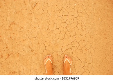 Top view of female feet in white flip flops standing on the dry cracked sandy ground in Outback Australia
