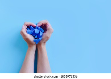 Top View Of Female Hands With Hydrangea Flowers On Blue Background. Heart And Love Symbol. Fashion Art And Beauty Flatlay, Colored Shadows. Concept Hand Care