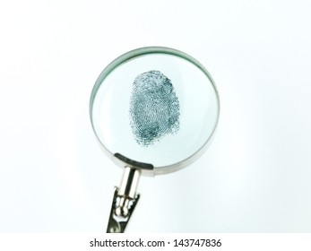 Top View Of A Fingerprint Viewed Through A Magnifying Glass, Against A White Background