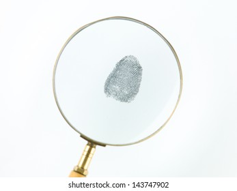 Top View Of A Fingerprint Viewed Through A Magnifying Glass, Against A White Background