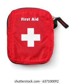 Top view of first aid kit bag isolated on white