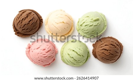 Top view of five assorted ice cream scoops in vanilla, strawberry, caramel, pistachio, and chocolate flavors isolated on a clean white background for food menu, packaging, or ads