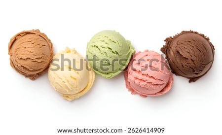 Top view of five assorted ice cream scoops in vanilla, strawberry, caramel, pistachio, and chocolate flavors isolated on a clean white background for food menu, packaging, or ads