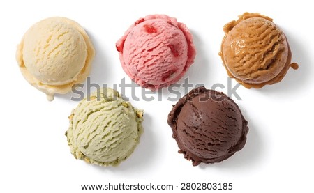 Top view of five assorted ice cream scoops in vanilla, strawberry, caramel, pistachio, and chocolate flavors isolated on a clean white background for food menu, packaging, or ads