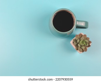 Top View Or Flat Lay Of Blue Cup Of Black Coffee And Succulent Or Cactus Plant Pot On Blue Background.