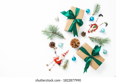 Top view Flat lay Christmas decorations and gift box on white background with copy space - Shutterstock ID 1822877990