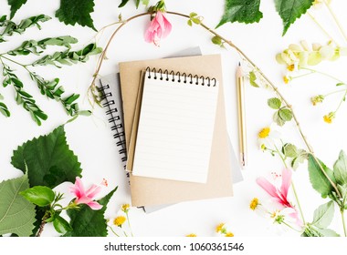 Top View Flat Lay Empty Note Book With Summer Leaves And Daisy Flowers Mockup. Text Space