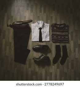 Top view flat lay of men’s formal clothing and accessories arranged neatly on a wooden floor. Includes white shirt with black tie, sweater, trousers, leather shoes, socks, and belt. Fashion, business attire, office style, smart casual, and men’s wardrobe concept