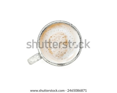 Top view, flat lay grey color coffee mug has cappuccino or latte with frothy foam isolated on a white background.