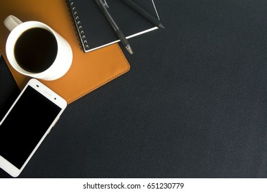 top view, flat lay of office table desk with workspace and tools office working stationery supply, technology and business lifestyle, money and financial, hot coffee cup relaxing