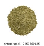 top view flat lay overhead pile of dry yerba mate tea isolated on white background. heap of dry yerba mate tea isolated. yerba mate leaves