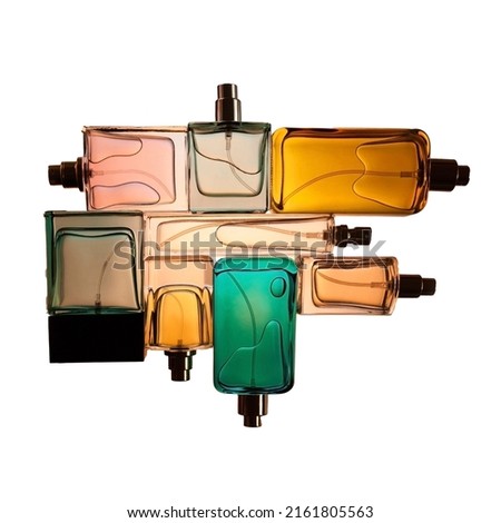 Top view, flat lay of a set of perfume bottles on a white blank background.