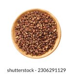 top view flat lay Sichuan peppercorn pepper spice seed in wood bowl isolated on white background. pile of Sichuan peppercorn pepper spice seed. Sichuan peppercorn pepper spice seed overhead