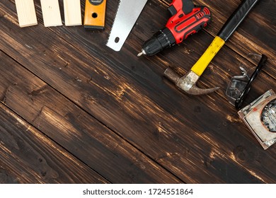 Top view flat lay of tools for handyman and carpenter. Woodwork hobby and DIY concept.