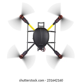 Top View Of A Flying Drone With Spinning Propellers Without A Camera Shot From Above Isolated On White With Clipping Path