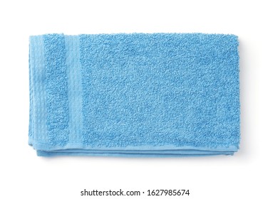 Top View Of Folded Blue Terry Towel Isolated On White