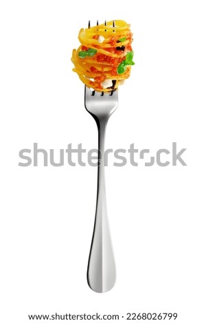 Top view of Fork with spaghetti pasta mozzarella aubergine tomatoes and basil [[stock_photo]] © 