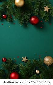 Top view frame borders of pine branches, red and gold baubles, and star ornaments on green background. Xmas poster, New Year vertical banner template