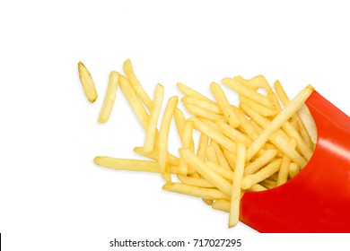 Top view of french fries from fast food restaurant falling disrupted isolate on white background and make with paths.