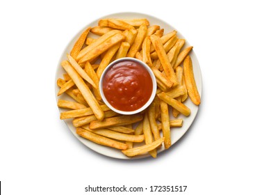 Top View Of French Fries With Ketchup On Plate