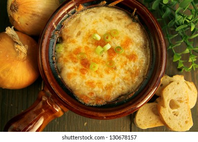 Top View Of A French Onion French Soup In A Ceramic Bowl