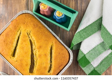 Top View Of Fresh Baked Hatch Chili Pepper Cornbread On A Wooden Background.